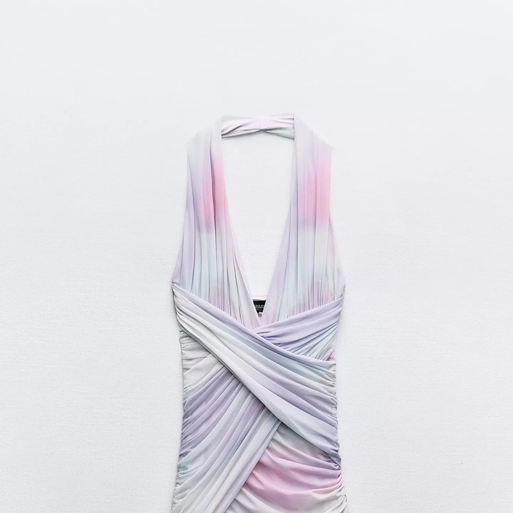 One-Shoulder Pastel Ombre Ruched Dress in Lavender, Pink & Mint
